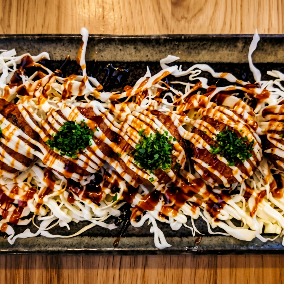 Japanese-style dish of golden fried pieces over shredded cabbage, drizzled with creamy and savory sauces and topped with herbs.