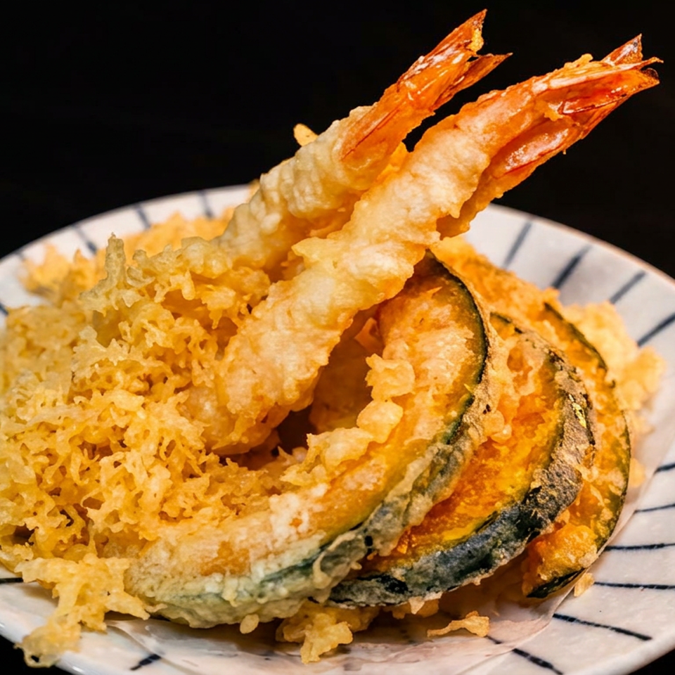 Plate of Japanese tempura featuring shrimp, pumpkin, and assorted crisp battered vegetables.