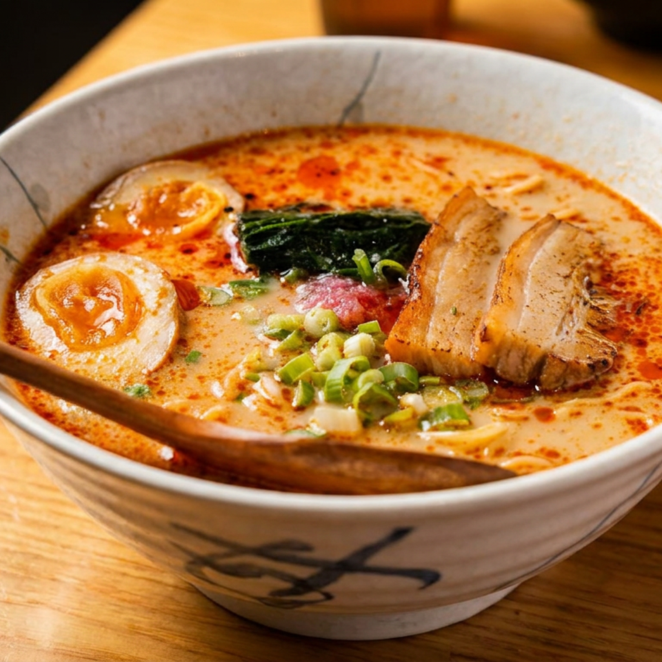 Bowl of creamy spicy ramen topped with pork, soft-boiled egg, greens, scallions, and chili oil on a wooden table.