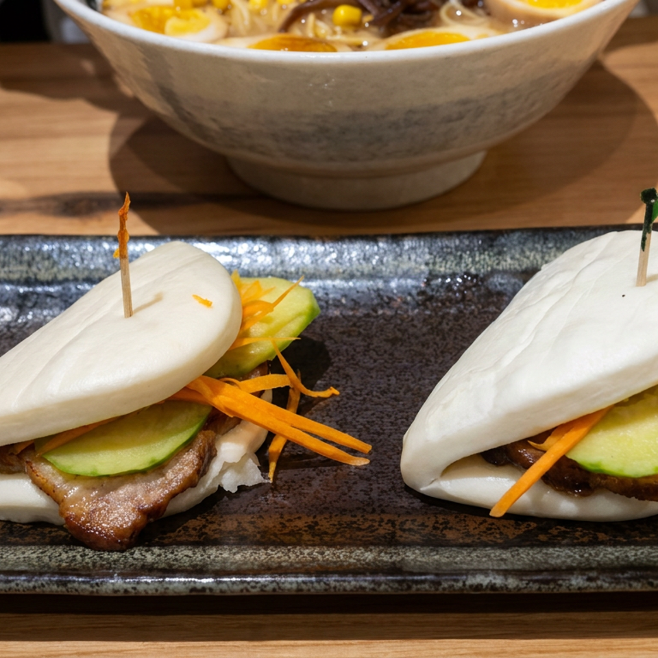 Two steamed bao buns filled with glazed meat, cucumber, and shredded carrot on a black rectangular plate.