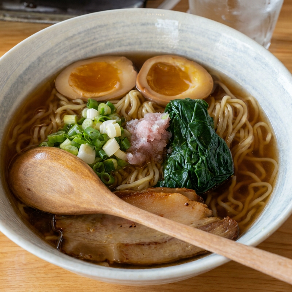Bowl of ramen with noodles, braised pork, soft-boiled eggs, scallions, greens, and a wooden spoon on a table.