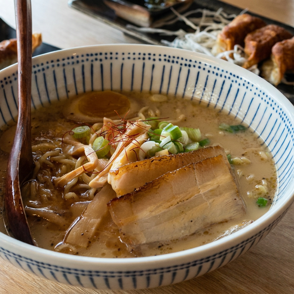 Japanese ramen bowl with creamy broth, noodles, pork belly, bamboo shoots, scallions, and chopsticks, surrounded by dumplings and fried dishes.