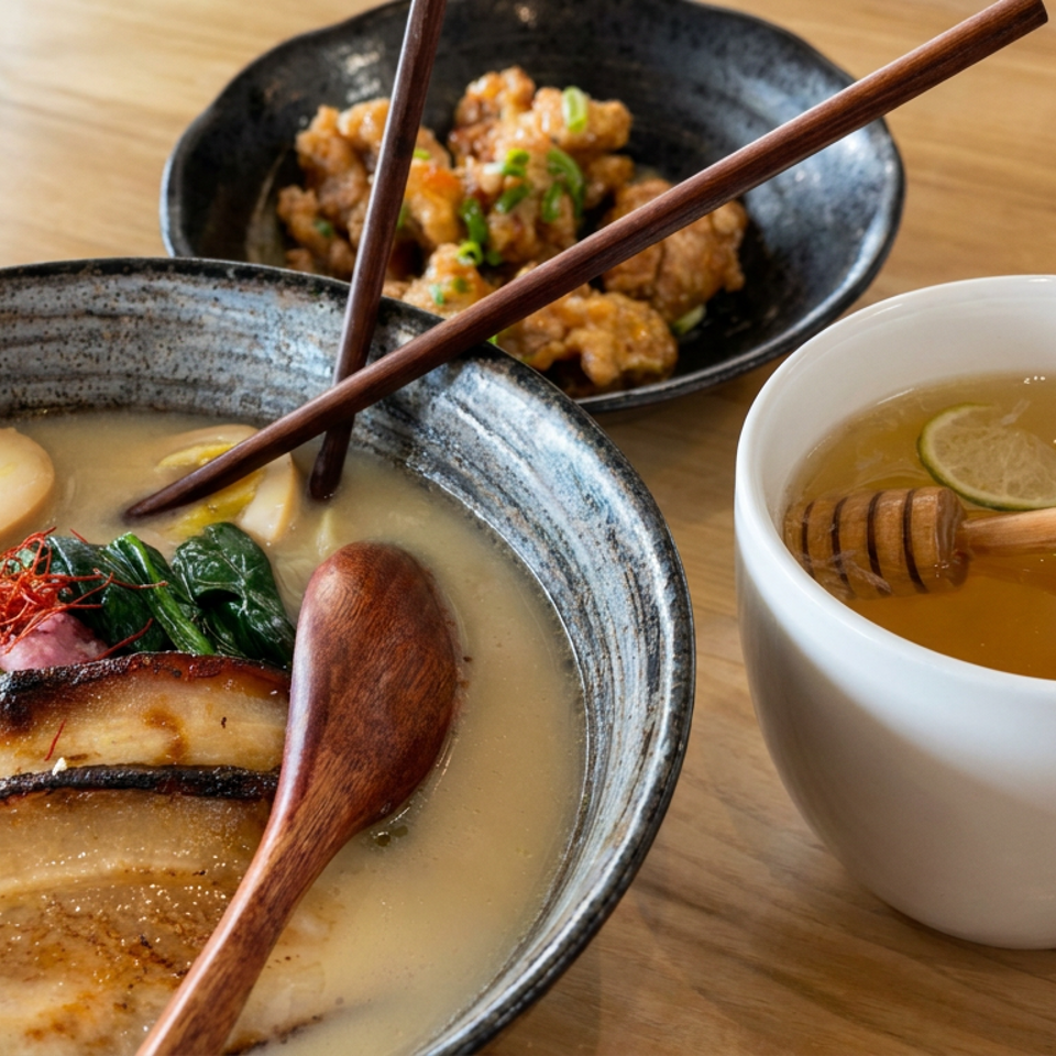 Japanese ramen with pork belly, egg, greens, and chopsticks beside honey-lime tea and fried bites on a wooden table.