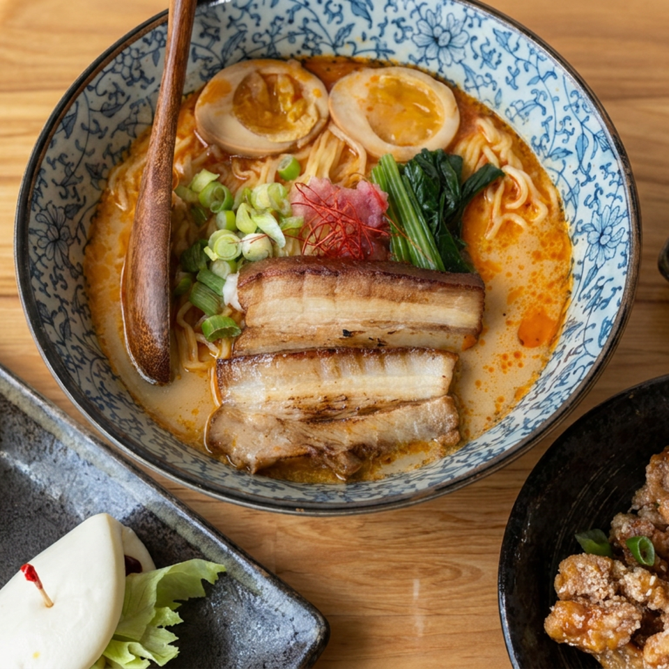 Overhead spread of ramen with pork belly, eggs, greens, steamed buns, fried chicken, and chili sauce on a wooden table.