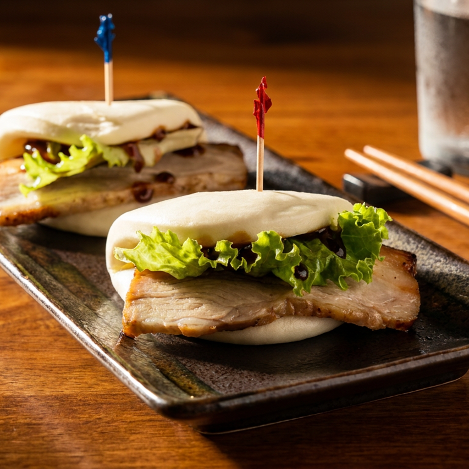 Two pork belly bao sandwiches with lettuce on a black plate, accompanied by chopsticks and water on a wooden table.