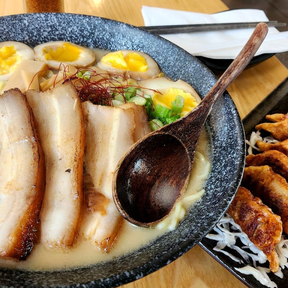 Creamy ramen topped with sliced pork, soft-boiled eggs, bamboo shoots, and greens, served with pan-fried dumplings and dipping sauce.